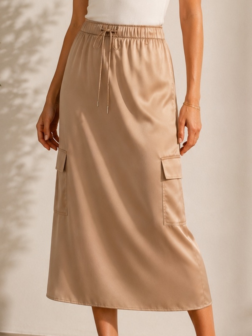 Bar III Satin Cargo Midi Skirt Small Champagne Beige Utility Quiet Luxury NWT